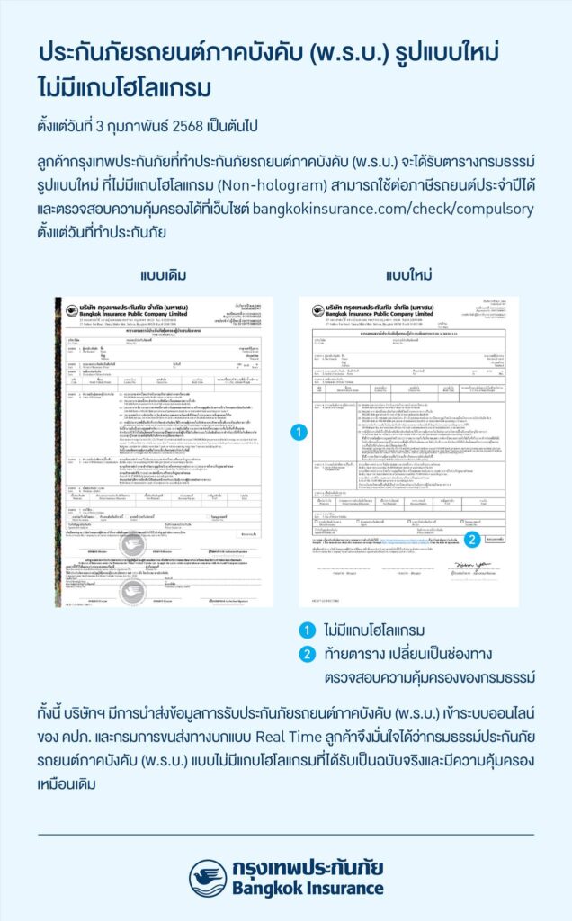 ประกันภัยรถยนต์ภาคบังคับ (พ.ร.บ.) รูปแบบใหม่ ไม่มีแถบโฮโลแกรม ที่มา กรุงเทพประกันภัย
